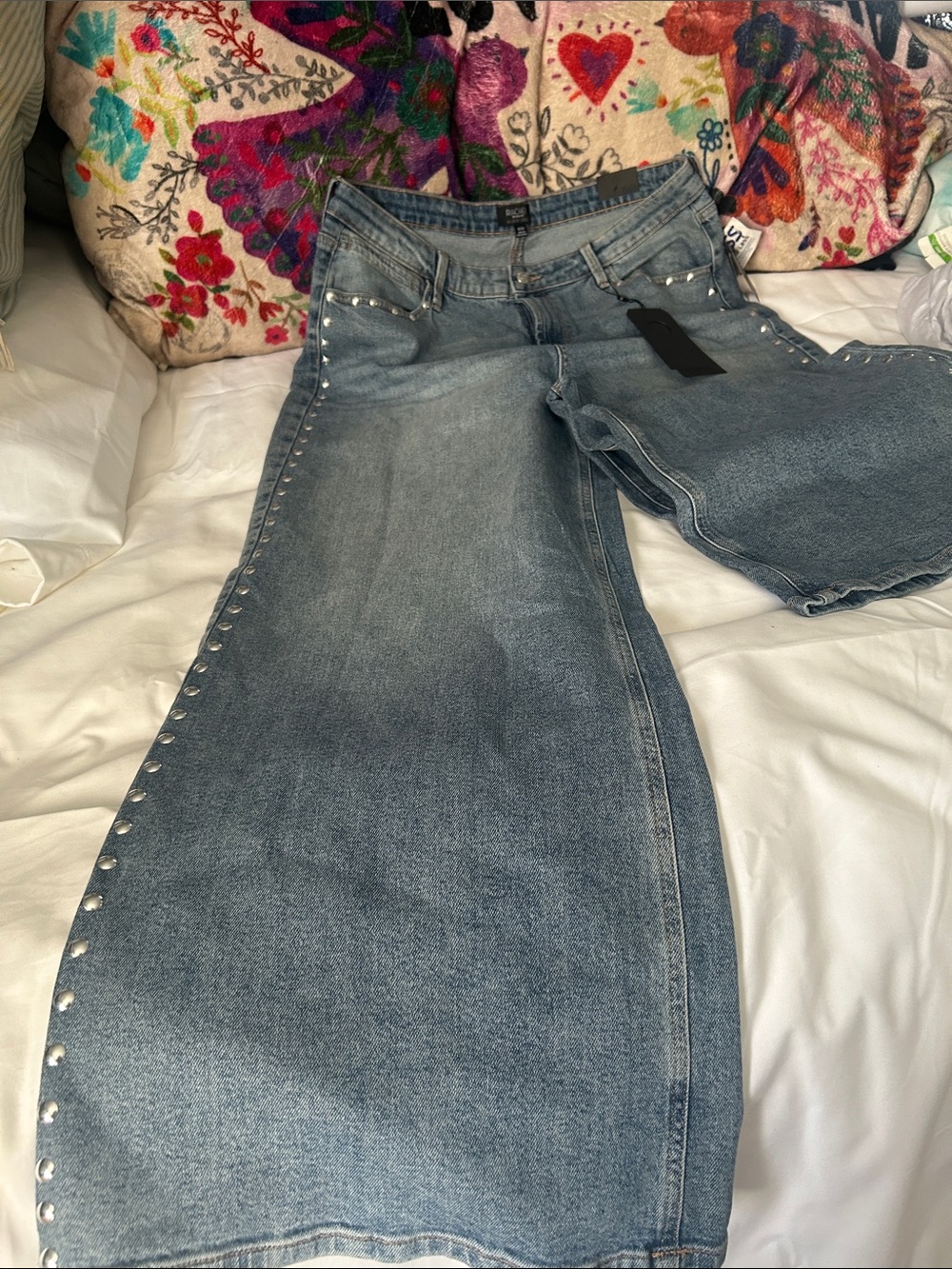 Rachel Light Blue Stud-Trim Wide Leg Jeans